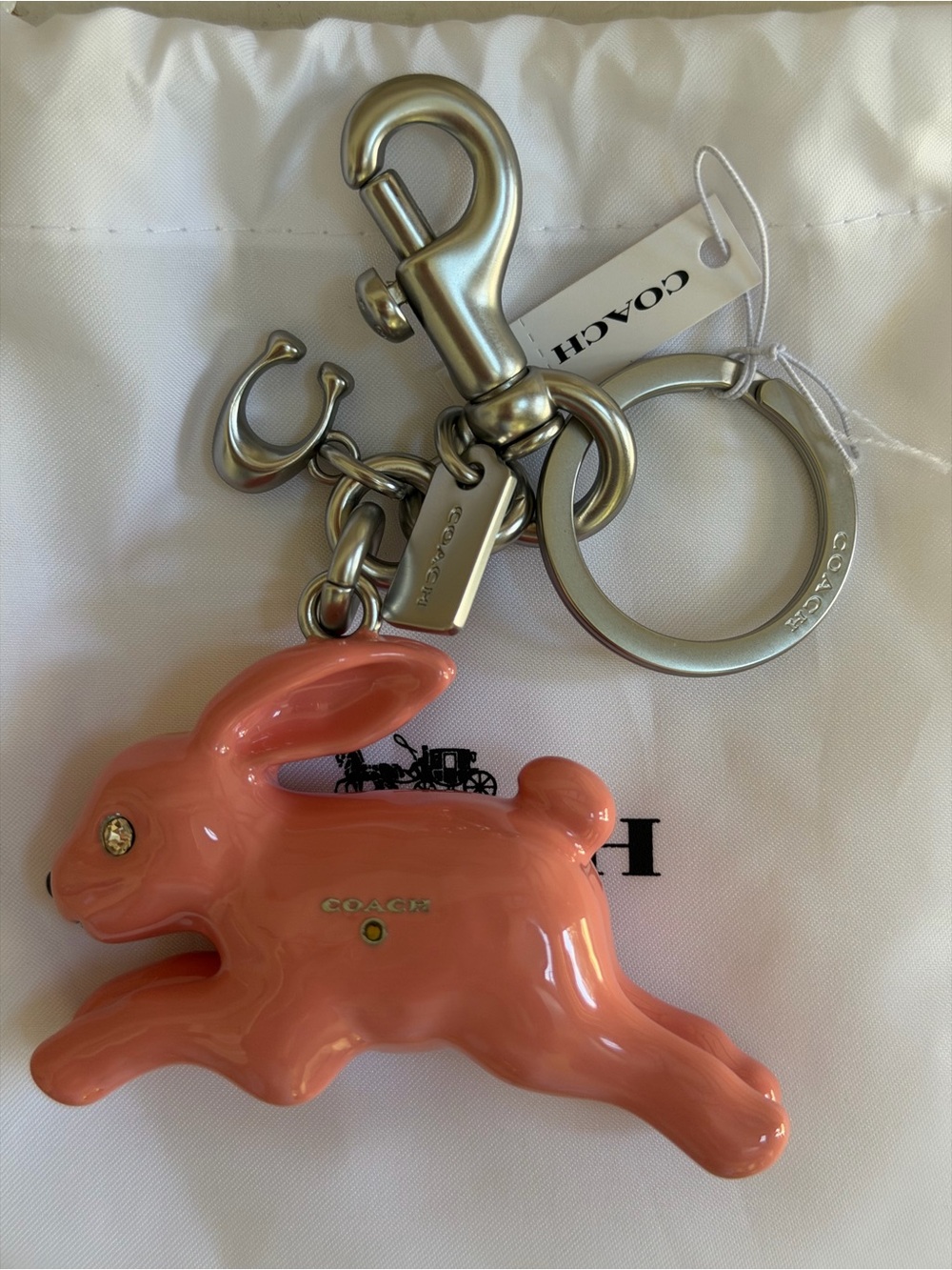 Coach Coral Rabbit Key Charm with Silver Hardware w/ Dustbag
